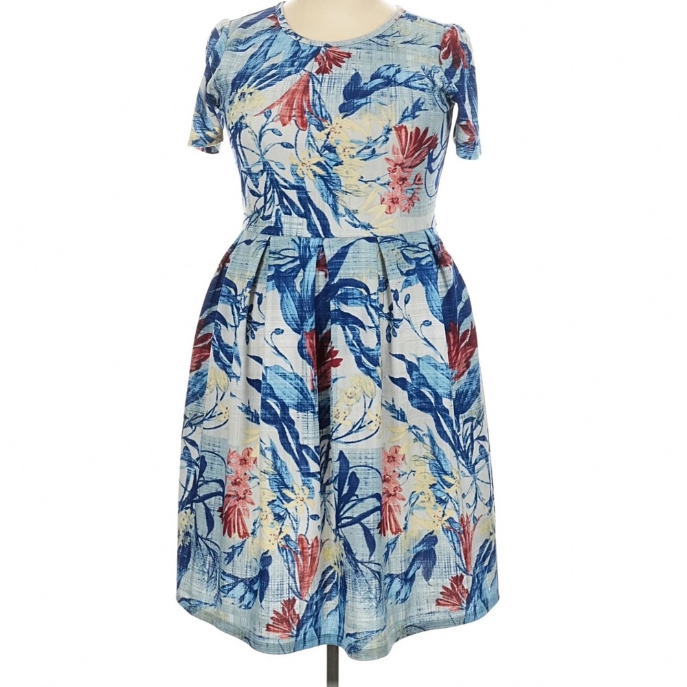 LuLaRoe Womens Dress Size 2XL Amelia Blue Floral Short Sleeve Pleated Fit Flare